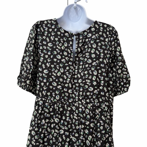 BA&SH Beth Floral Tiered Puff Sleeve Mini Dress Size M Black Dark Cottagecore - Picture 6 of 10